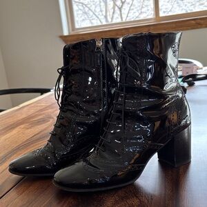 Chanel Glossy Patent Black Lace-Up Boots Size 41 1/2